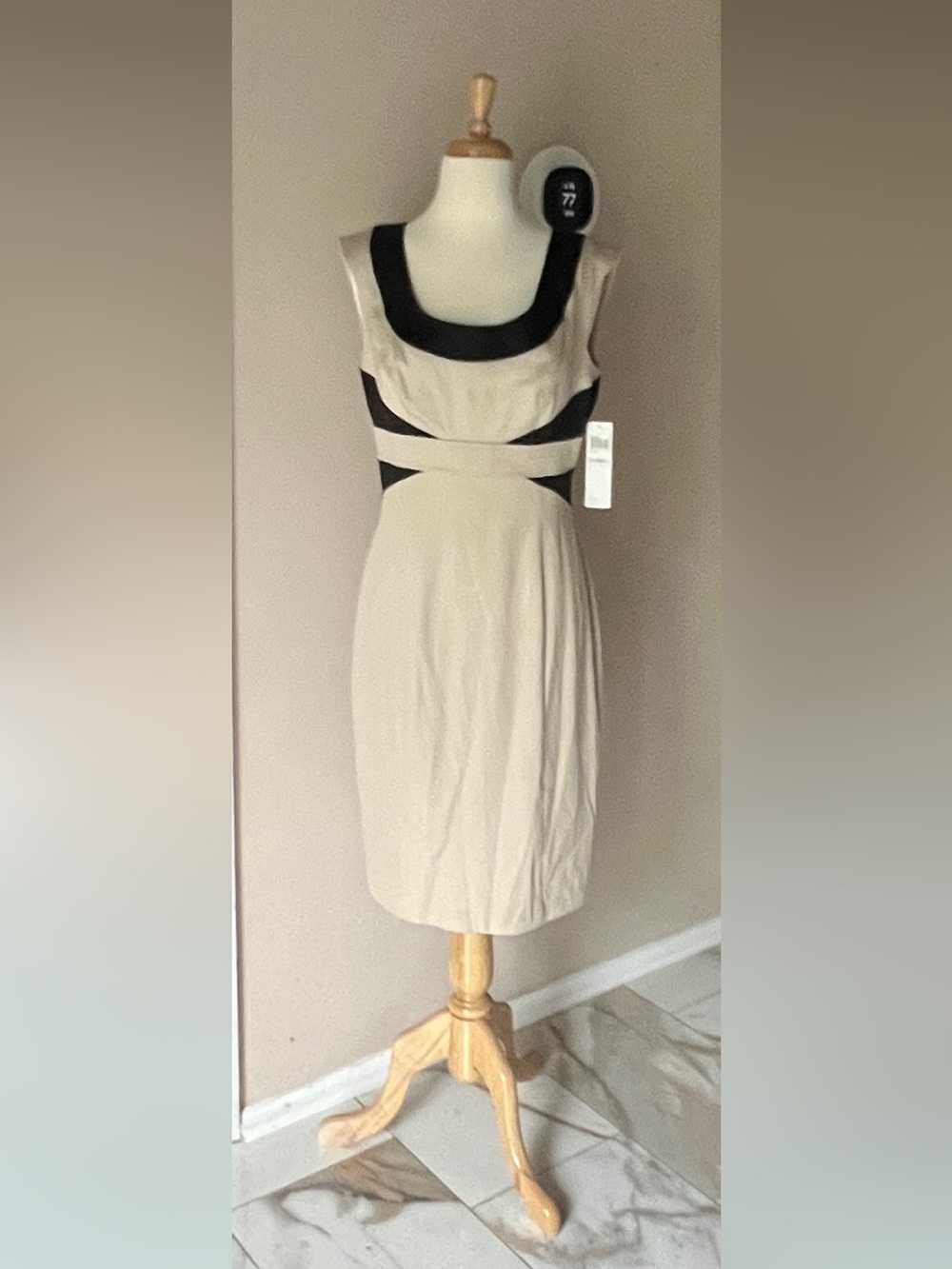 London Times Cream Pencil Dress with Black Contrast